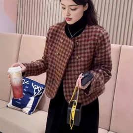 小香风格子短款外套女秋冬季新款老钱粗花呢外套休闲百搭上衣夹克