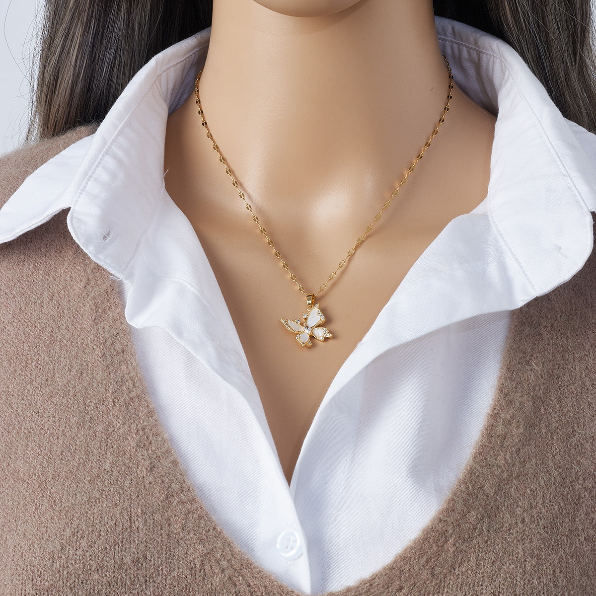 Women'S Gender 1 Piece Simple Style Butterfly Titanium Steel Inlay Zircon Pendant Necklace