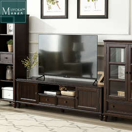 木鱼家具美式实木电视柜客厅家具组合地柜茶几组合黑胡桃色儿童