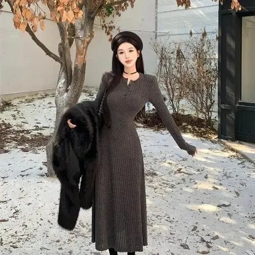 法式长袖针织连衣裙女秋冬季打底内搭裙子修身收腰长裙文艺复古|undefined