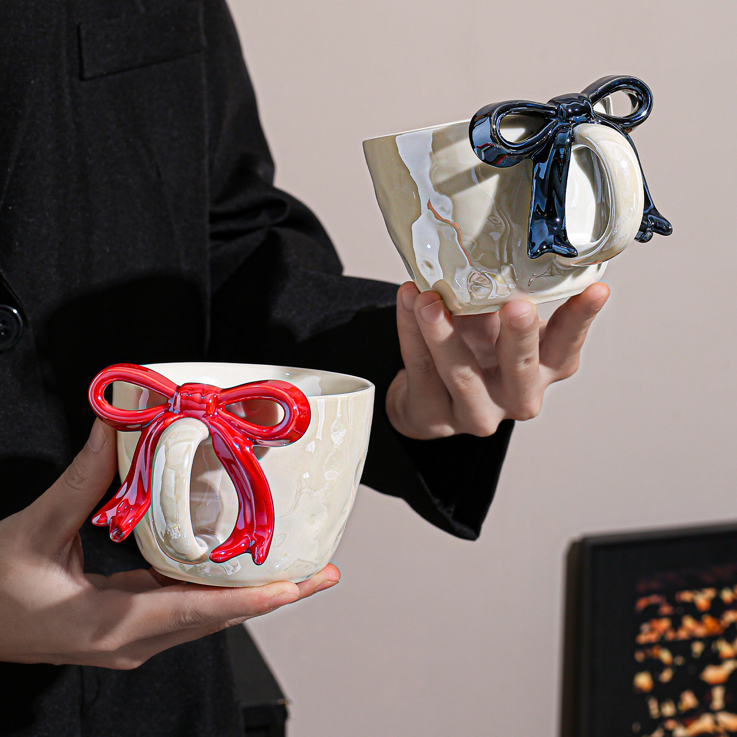 Cross-Border Coffee And Saucer Set With Bowknot, Unique Design Ceramic Mug, High-Value Aesthetic Water Cup For Women_voghion.com