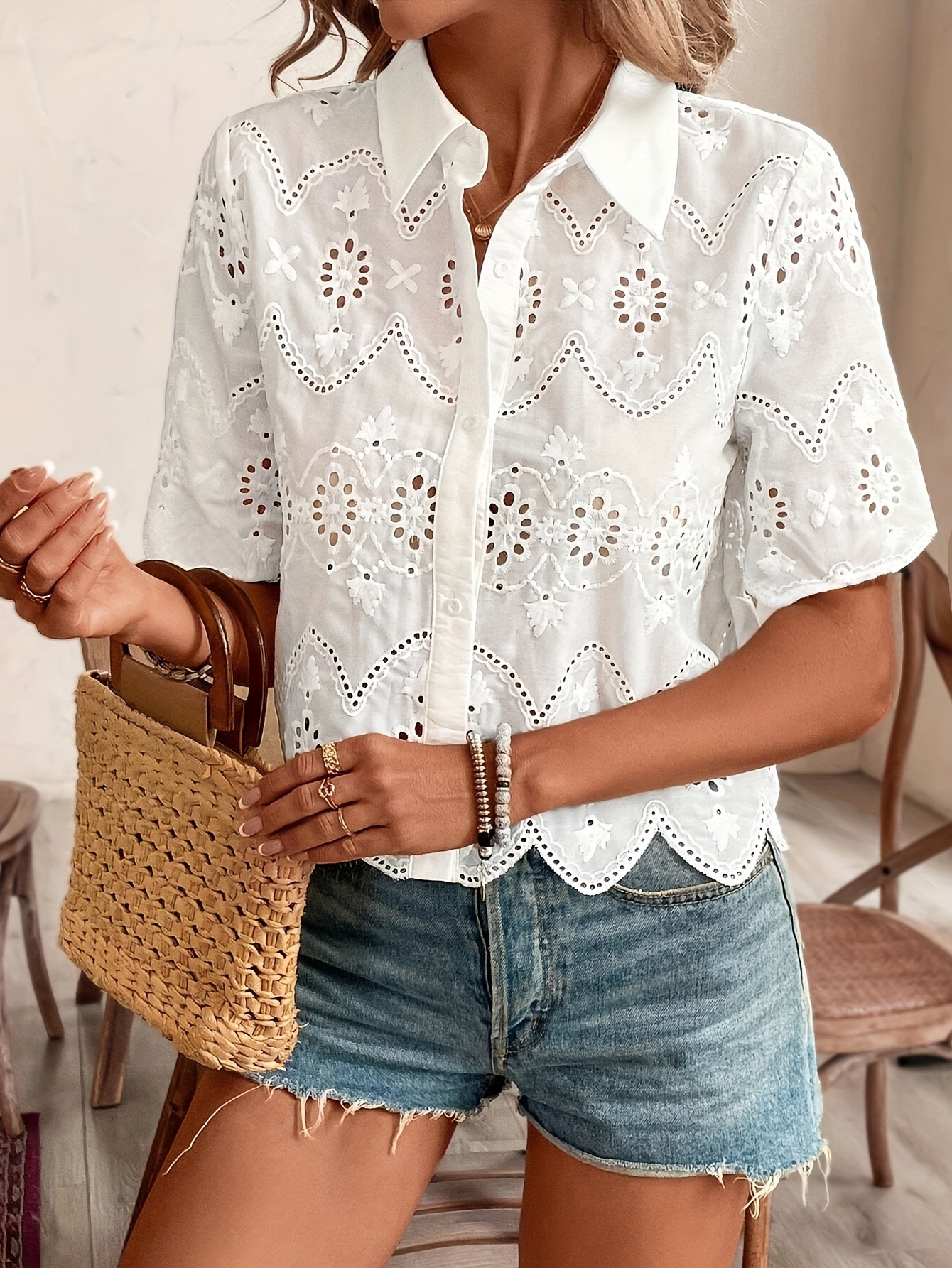 Casual Lace Blouse Women's Short Sleeve Solid Colour Top Elegant_voghion.com