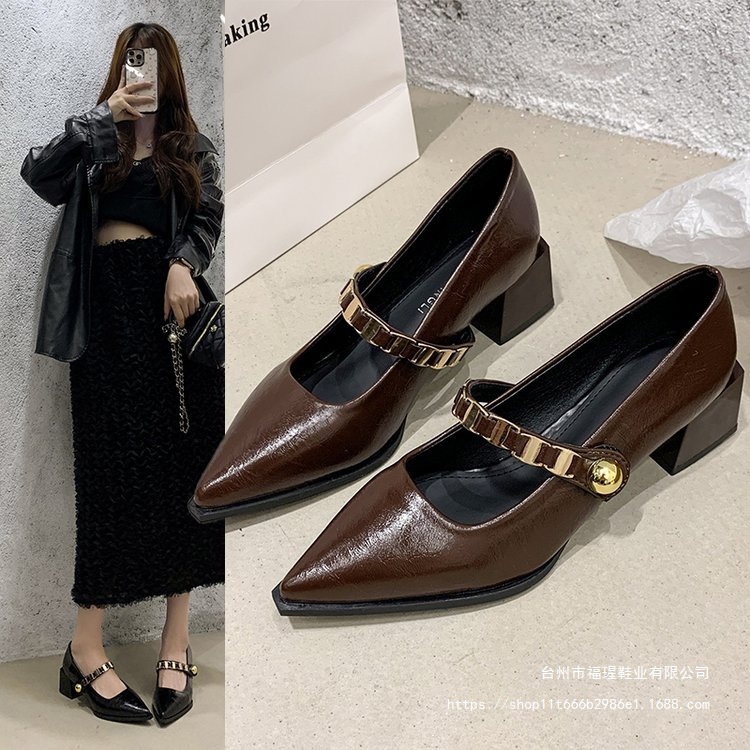 法式2025年玛丽珍女鞋款拉德尖头粗跟单鞋新款美超美春秋高跟鞋女