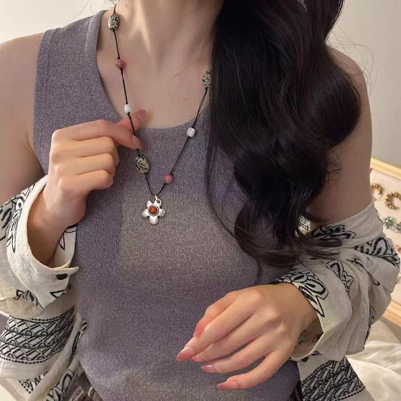 ins博主同款天然石斑点石花朵项链女小众独特精致百搭颈链锁骨链|undefined