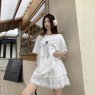 Plus Size Women's Hand-Painted Bow Lace White Short-Sleeved T-Shirt Women's Design Top Cake Skirt Suit