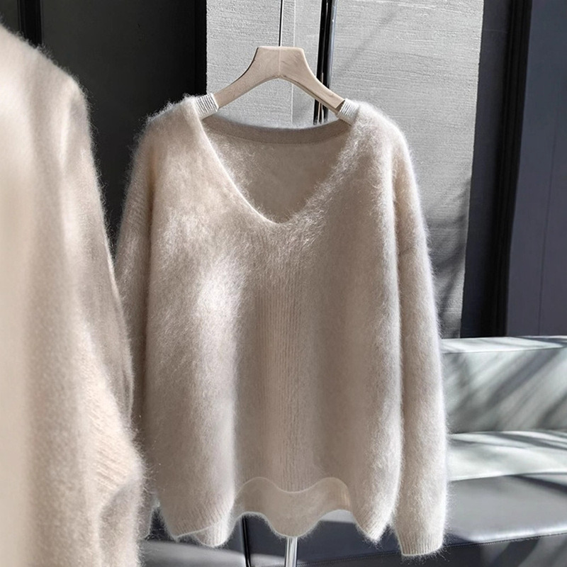 White V-Neck Pullover Soft Sweater for Women, New Autumn and Winter Style, Thickened, Loose, Lazy Style, Long-Sleeved Faux Mink Fur Top
