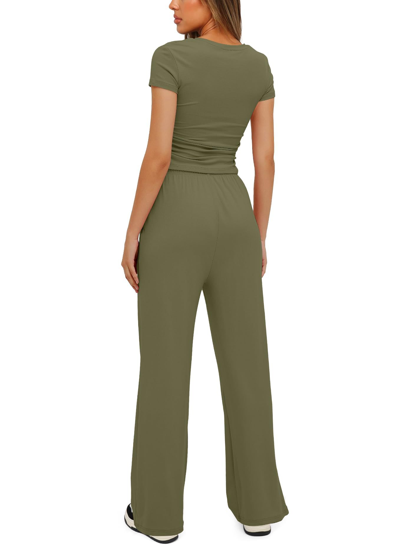 European American Foreign Trade Women's 2-piece Casual Set: Ruffled Short-sleeve Top And High-waisted Wide-leg_ecoleips.com