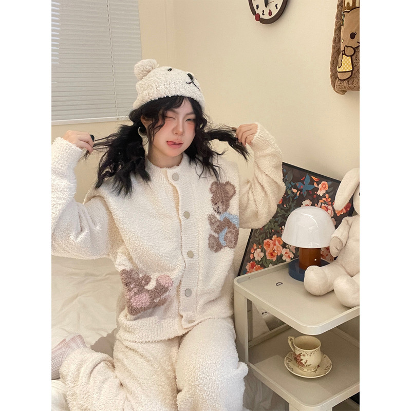 甜美少女卡通小熊印花针织半边绒睡衣女秋冬季加厚保暖家居服套装|undefined