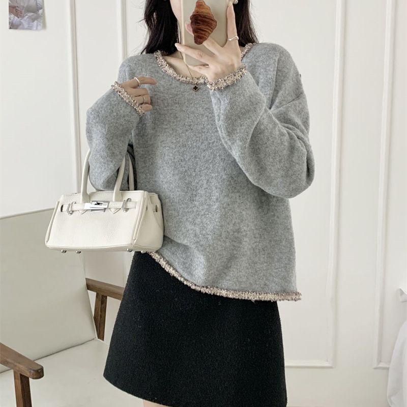 韩系花边圆领亮丝套头毛衣女2025秋冬新款宽松纯色百搭慵懒针织衫|undefined