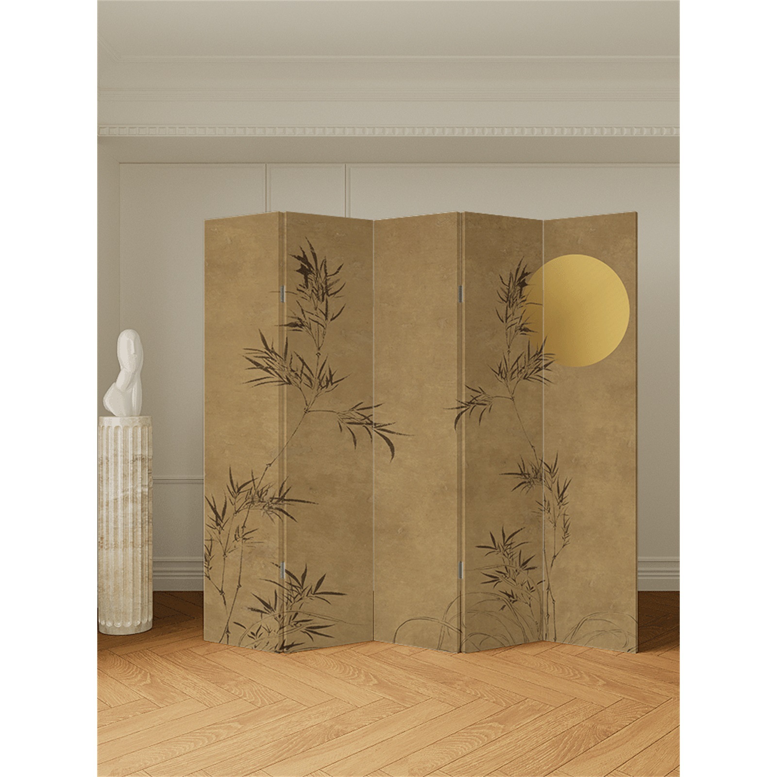 New Chinese Style Simple Screen Partition Entrance Door Living Room Bedroom Waterproof Mobile Bamboo Forest Moon Opaque Folding Screen