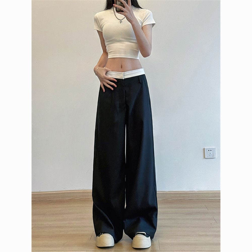 美式垂感高腰阔腿西装裤女春秋季撞色韩版简约直筒显瘦通勤裤子女