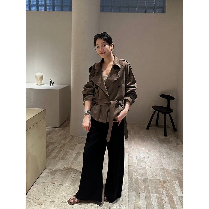 Yuanpai Two-Way Wear Lapel Suede Jacket 2026 Autumn New Style Elegant Belted Double-Breasted Women's Jacket A6604 Yuanpai Two-Way Wear Lapel Suede Jacket 2026 Autumn New Style Elegant Belted Double-Breasted Women's Jacket A6604
