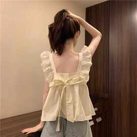 蝴蝶结小飞袖吊带背心女夏季无袖外穿遮副乳娃娃衫多巴胺海边上衣