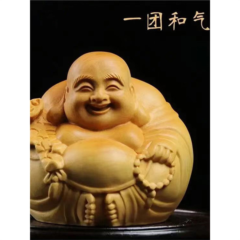 「団結」クスノキの木彫り笑い弥勒仏無垢材ハンドピース工芸品彫刻人物装飾品|undefined