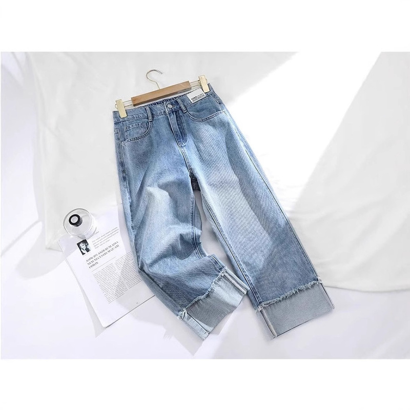 Women's Cropped Jeans 2025 Summer Thin High-Waisted Slimming Light-Colored Elastic Waist Petite Rolled-Up Straight Pants