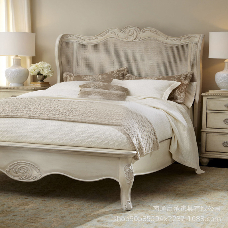 American Style Carved Solid Wooden Bed French Vintage Old Rattan High Back Double Bed European Style Rattan Princess Bed Wedding Bed