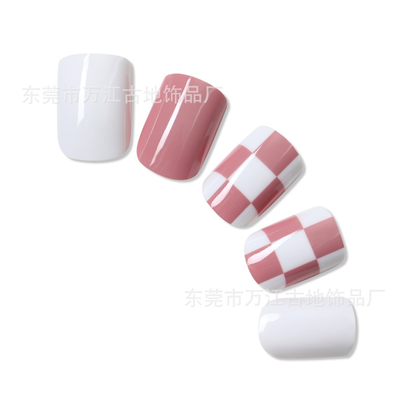 24 Pieces of Literary and Fresh Adult Wearable Nails White Bean Paste Pink Checkered Printing Fake Nails Producer 24 Pieces of Literary and Fresh Adult Wearable Nails White Bean Paste Pink Checkered Printing Fake Nails Producer