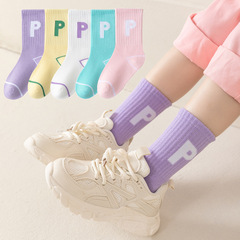 子供用ミッドふくらはぎソックス、女の子用綿ソックス、春と秋の女の子用P文字トレンディソックス、学生ソックス、秋と冬のスポーツソックス、滑り止め