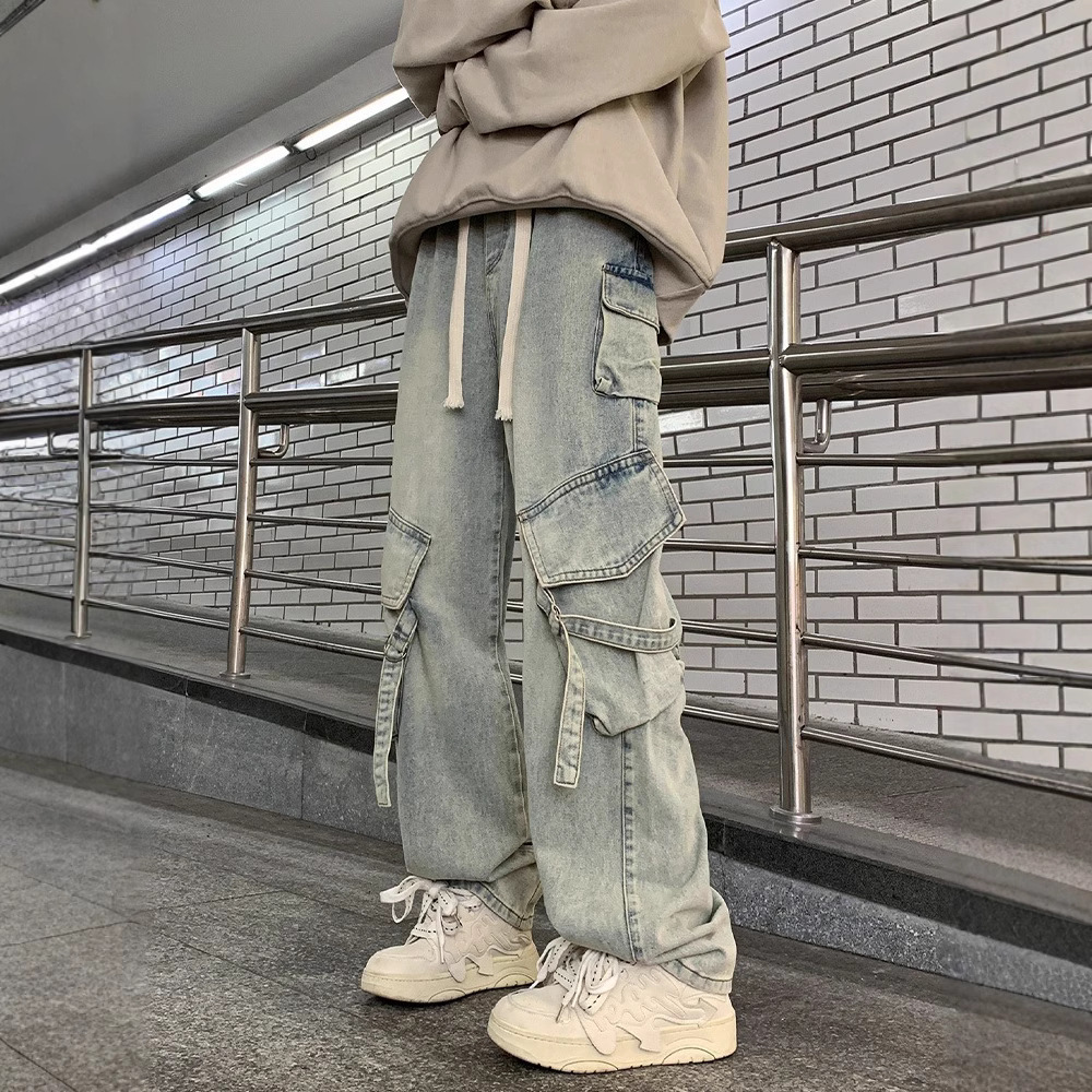 American-style High Street Multi-pocket Tooling Jeans Men's and Women's Spring, Autumn and Summer Thin Loose Straight Leg Wide Leg Casual Pants