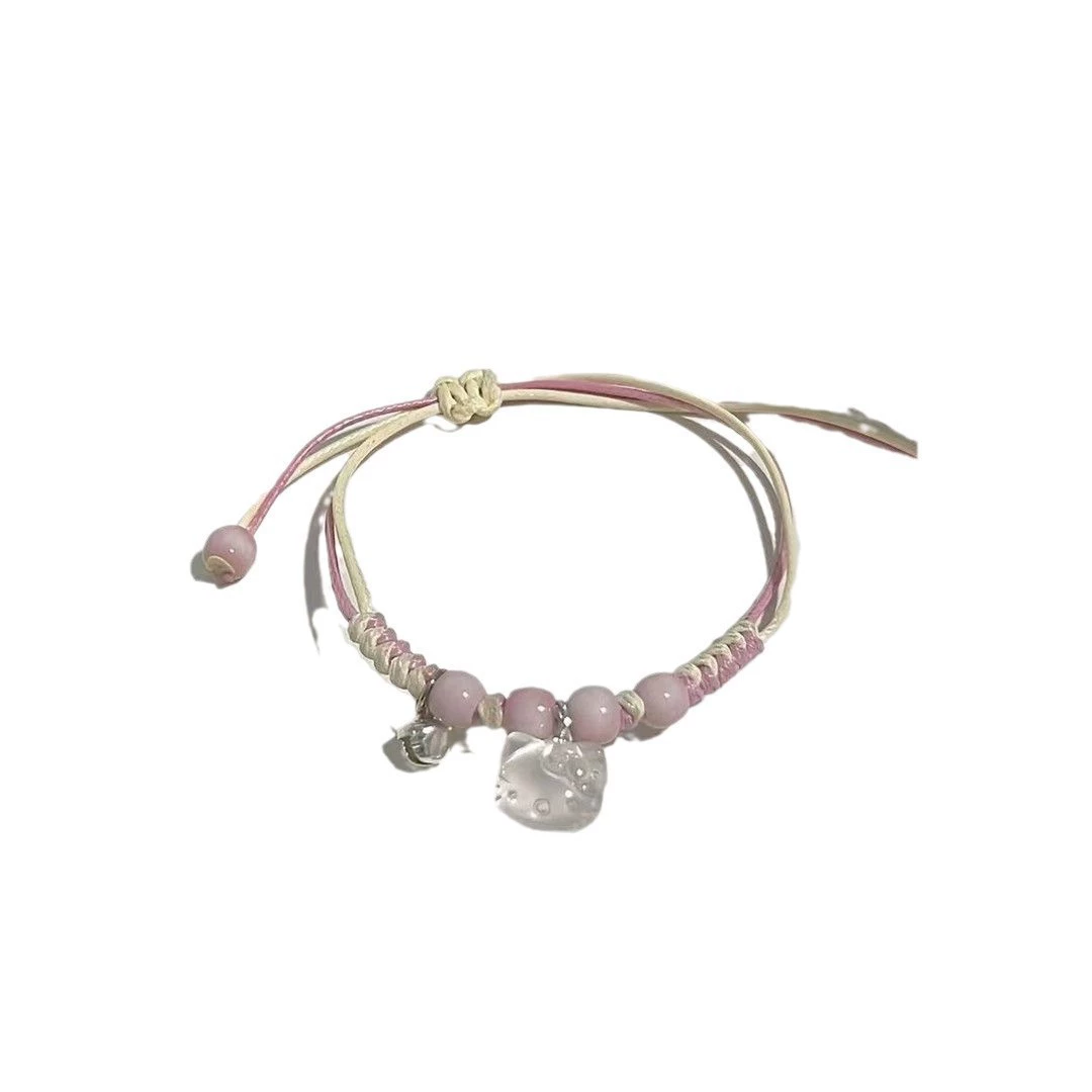 Плетен bracelet Hello Kitty (S-241) милый cartoon подвеска, ручная работа, розовый или синий