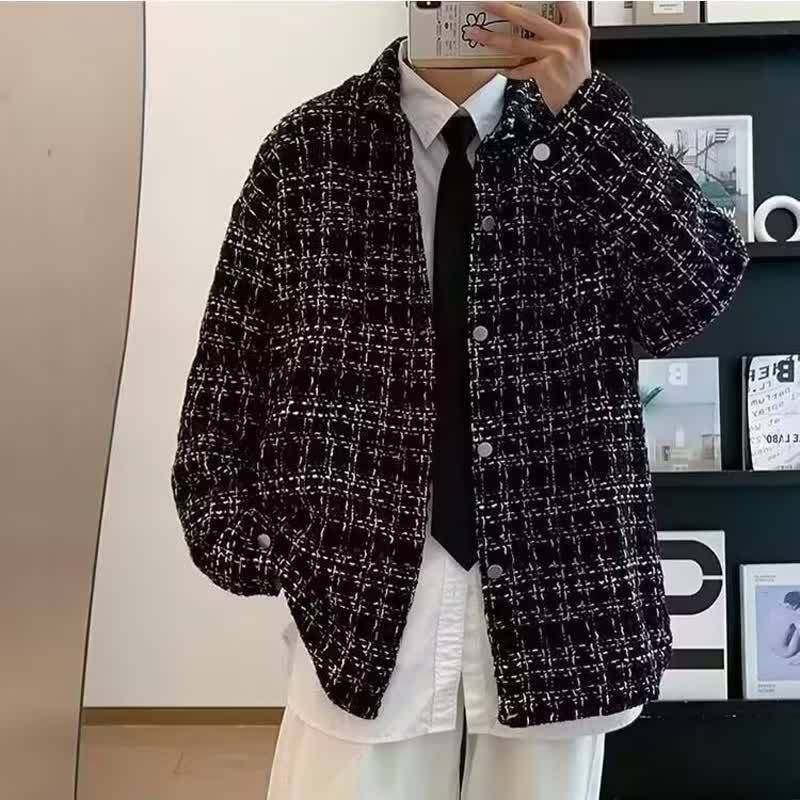 Tweed Chanel-Style Plaid Jacket for Men, Spring, Autumn, and Winter Styles, High-End Loose Casual Men's Lapel Jacket
