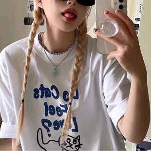 Late sleep/question mark cat print summer round neck cute cotton short sleeve women's single versatile Creative T-shirt