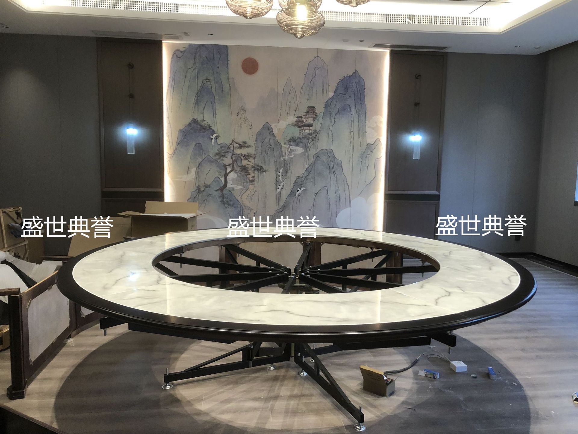 运城星级酒店大理石电动餐桌宾馆包厢新中式实木桌餐厅豪包大圆桌详情3