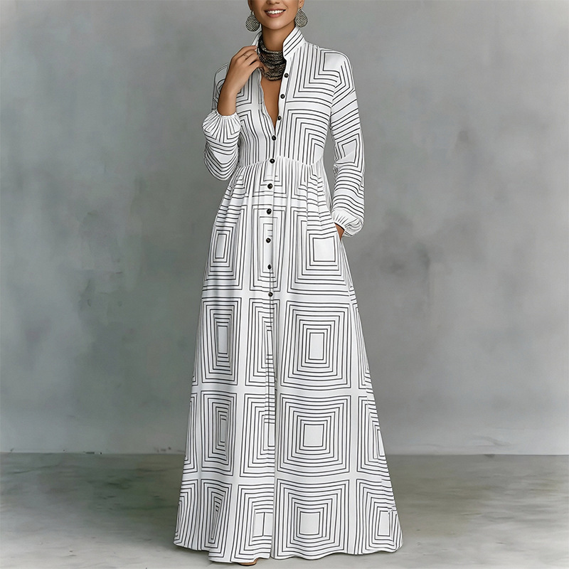 2026 European and American Women's Fashion Cross-Border Dress, Stylish Retro Court-Style Waist-Cinching Printed Stand-Collar Long Dress for Women 2026 European and American Women's Fashion Cross-Border Dress, Stylish Retro Court-Style Waist-Cinching Printed Stand-Collar Long Dress for Women