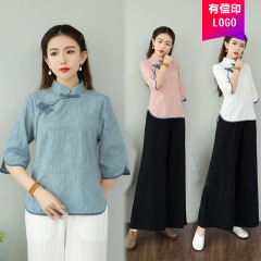 2025 新中国風の漢服綿とリネンのヨガ服禅茶スーツ女性の瞑想スーツ