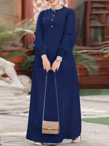 Cashmere H732# New Muslim Chinese Wind Leisure Loose Solid Color Elegant Long-Sleeve Women's Denim Dress