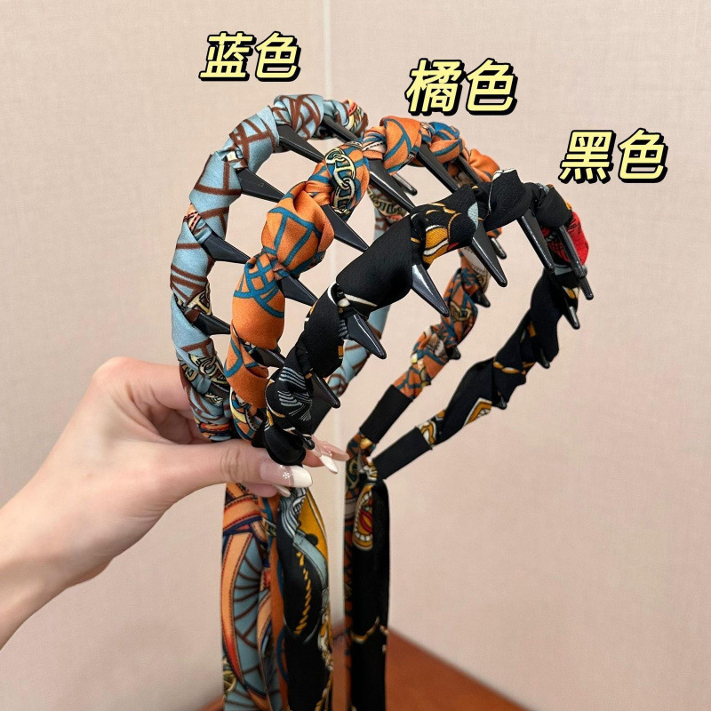 复古风宫廷繁花飘带齿梳波浪高颅顶发箍一体式编发带丝巾发带头箍|undefined