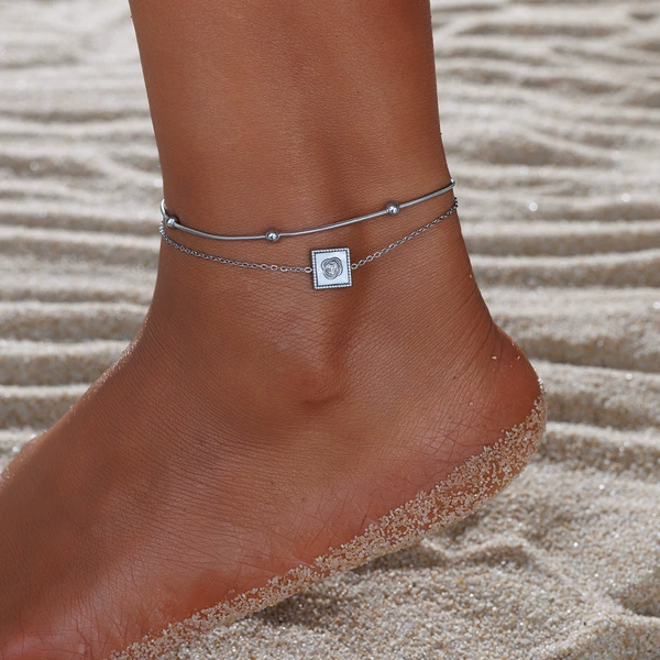 Rose + ball chain double layer anklet (steel)