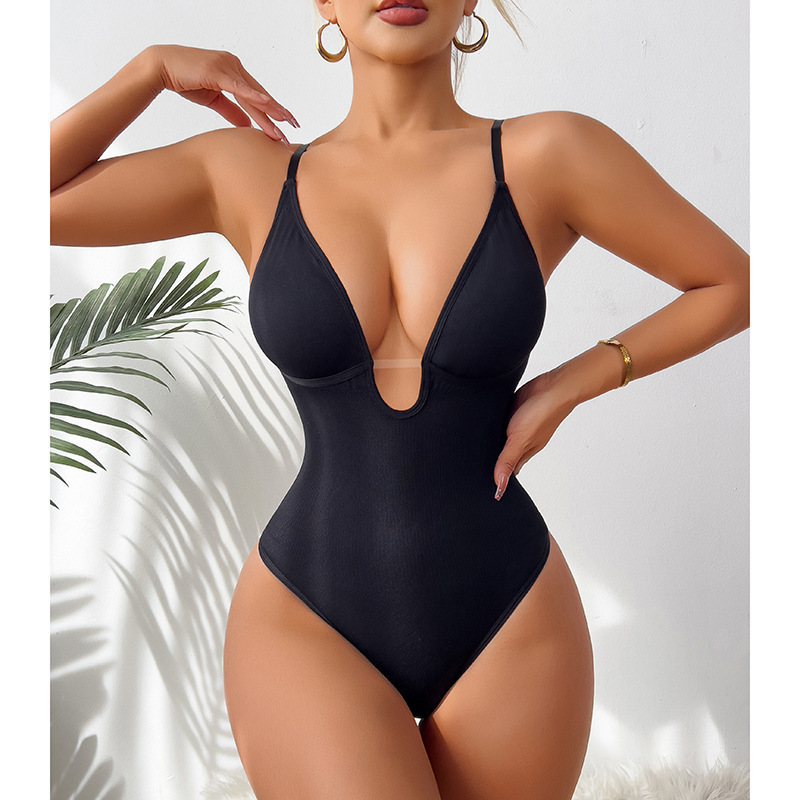 Cross-Border European and American Best-Selling Amazon Hot Item Deep V-Neck Waist-Cinching Sexy Open-Crotch Thong Bodysuit for Women