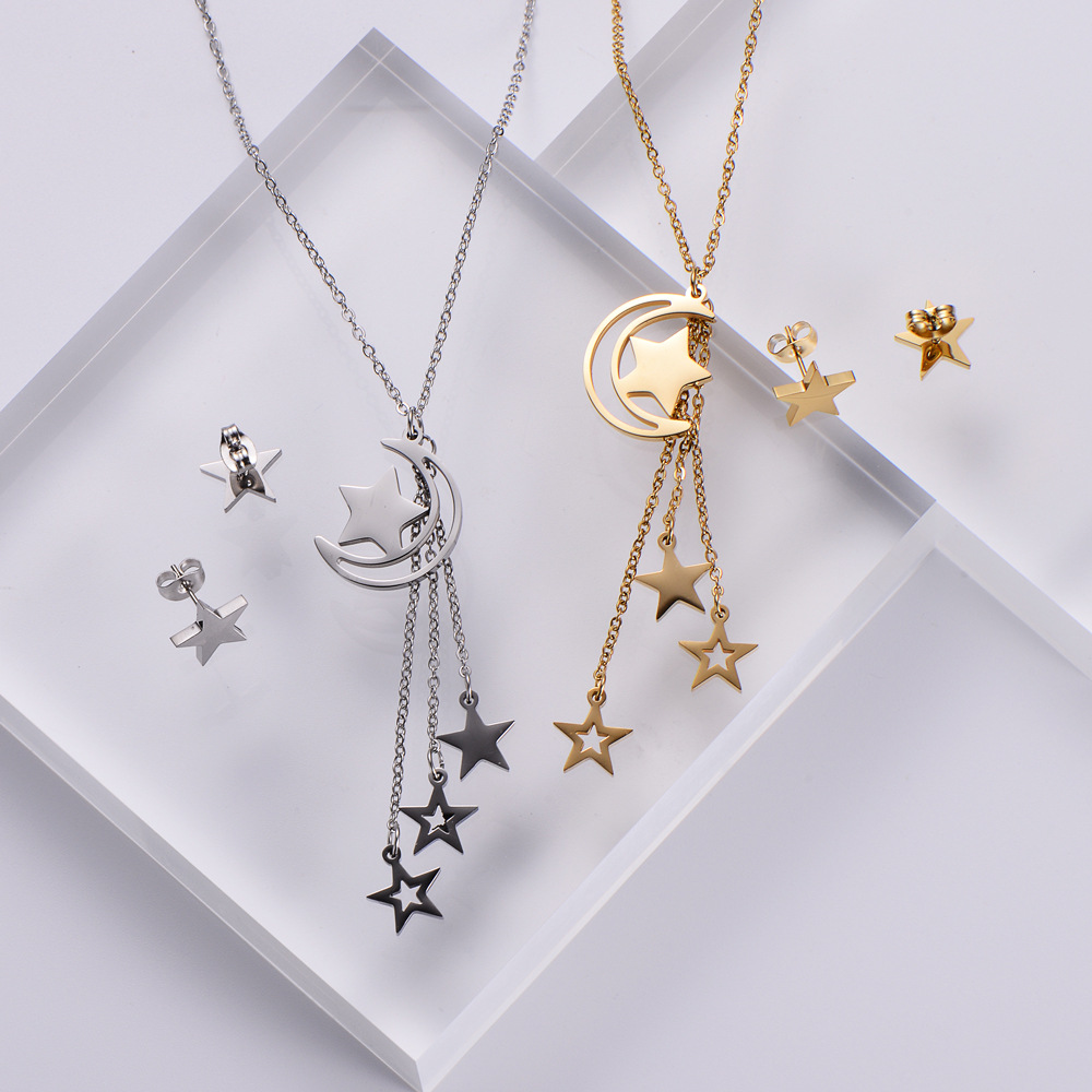 Fashion Elegant Hollow out Moon Star Tassel Pendant Necklace Ear Stud