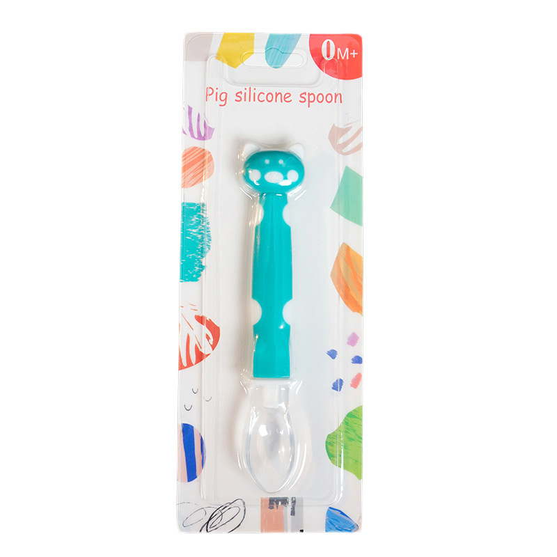 Inglés tarjeta bebé cuchara de silicona bebé alimentación vajilla suave cabeza cuchara dibujos animados suplemento alimenticio cuchara sopa cuchara