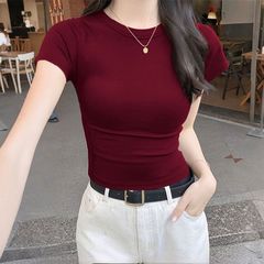 夏季新款时尚圆领纯色螺纹T恤女设计感小众修身短袖薄款上衣t恤潮
