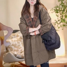 大码女装高级感中长款棉服气质复古宽松风衣外套秋冬夹棉连帽棉衣