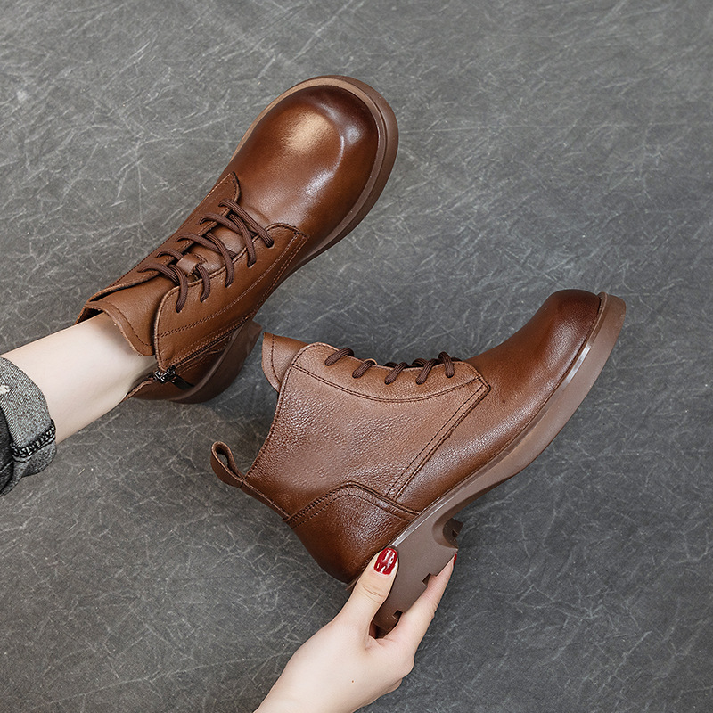 First layer cowhide women's boots autumn and winter New handmade vintage Martin boots thick heel soft bottom soft surface plus size short boots special offer