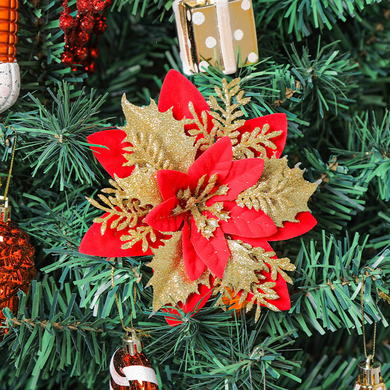 Adornos navideños transfronterizos Flores navideñas rojas doradas Adornos del árbol de Navidad Espolvorear accesorios de flores en polvo hechos a mano Decoración de la escena