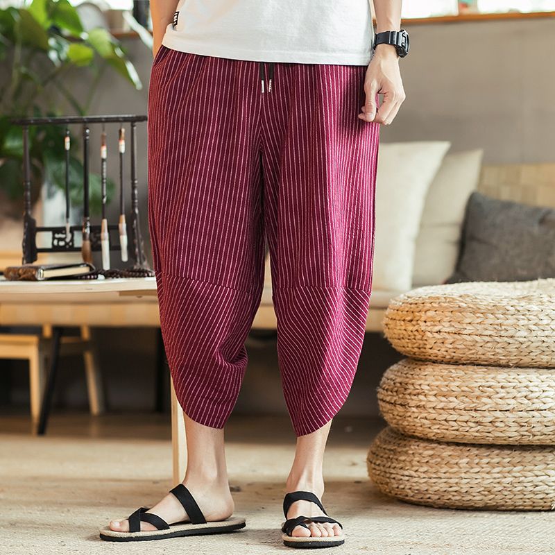 Pantalones cortos, pantalones casuales sueltos de lino de estilo chino étnico de verano para hombres, más gordos y grandes pantalones de bombachos gordos de moda