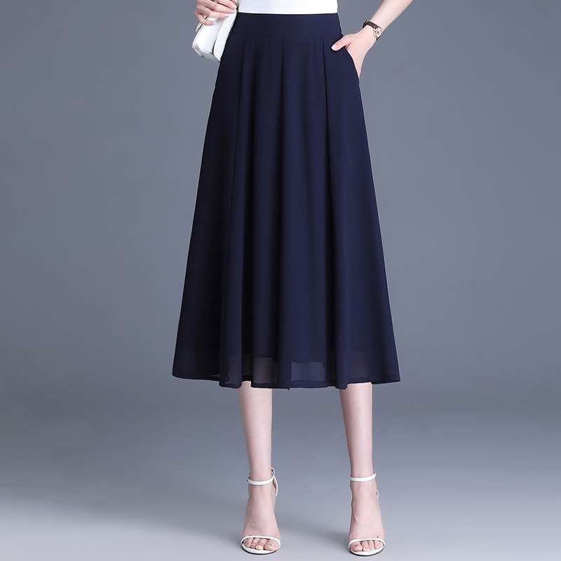 2024 Summer Mid-length Simple Fashion Chiffon Large Swing Skirt Pleated High Waist Slim-fit Stylish Skirt