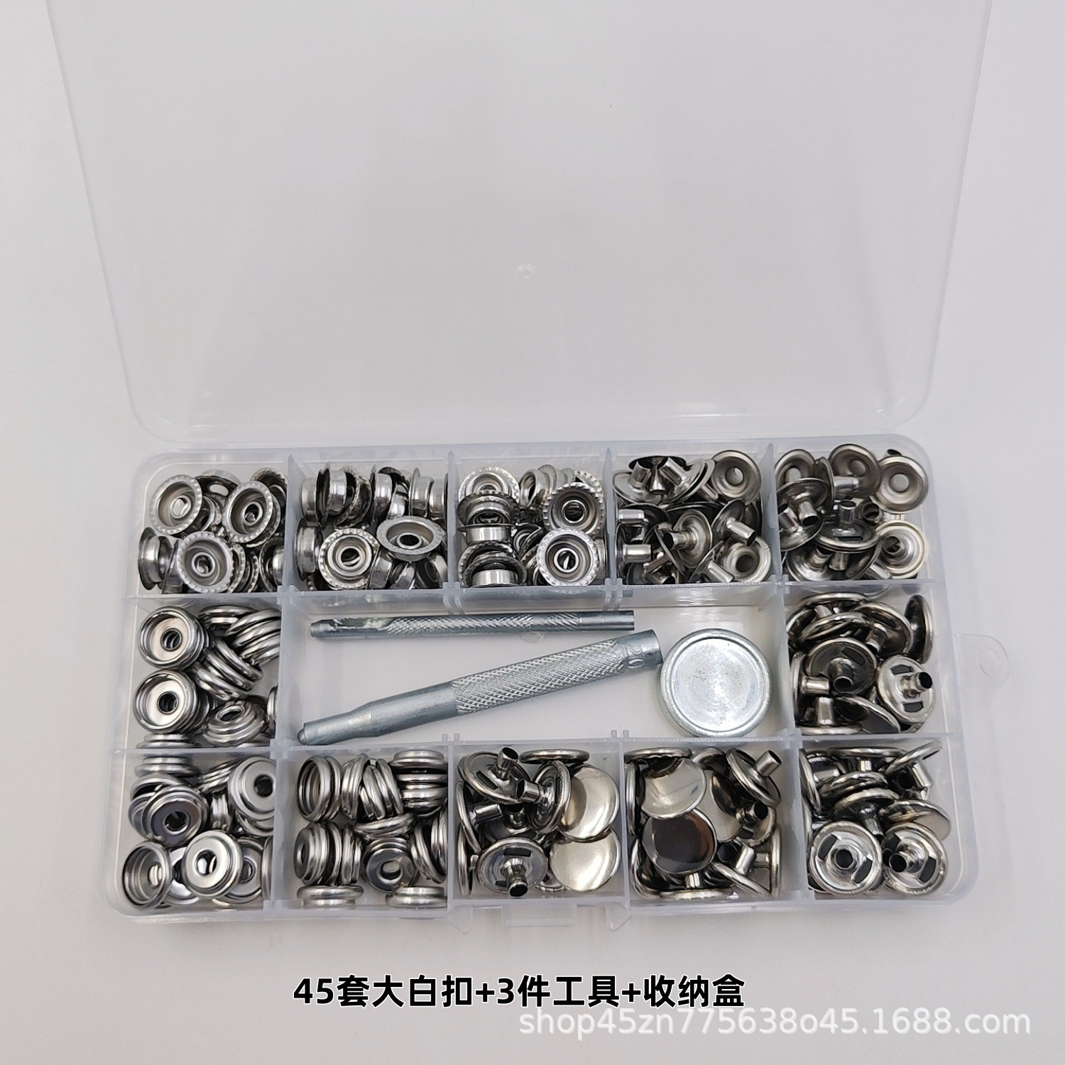 Inventario al por mayor de metal cuatro cierre conjunto de herramientas de instalación lona de tienda 201 botones de acero inoxidable botones blancos