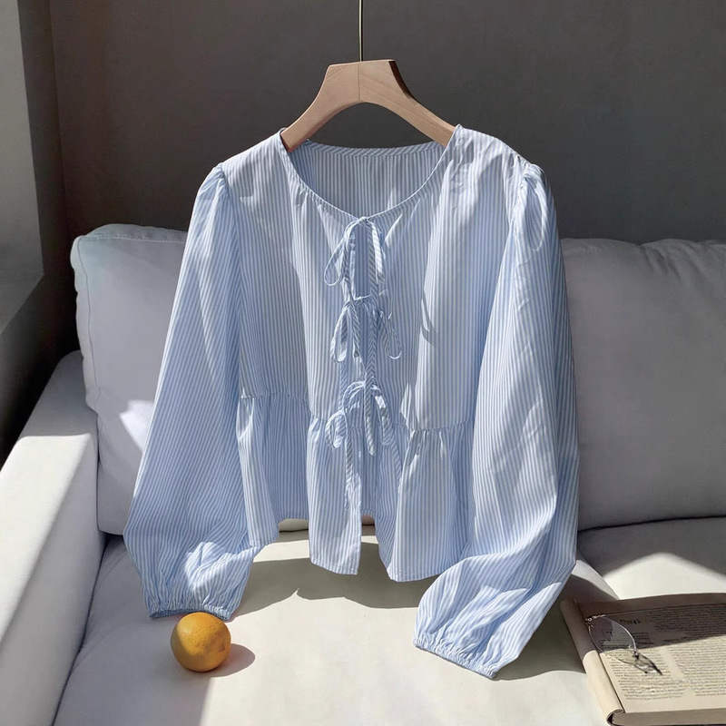 Women's Striped Front Tie Long Sleeve Casual Top