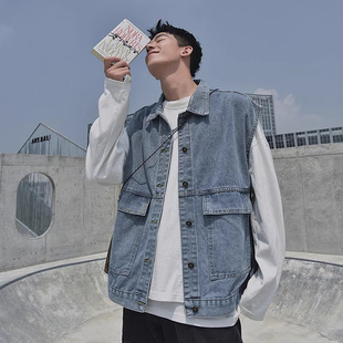 Autumn Light Color Denim Vest Men's Loose 2024 Spring and Autumn Youth Multi-Pocket Workwear Vest Trendy Vest