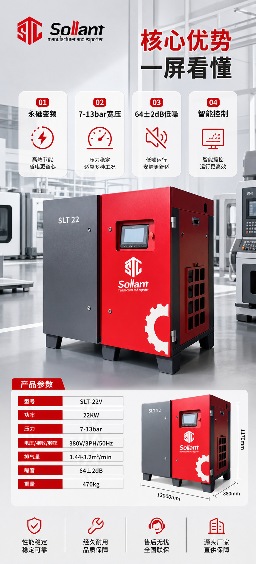 Solant original factory double-stage screw air compressor 22kw power-frequency air compressor industrial grade 380V