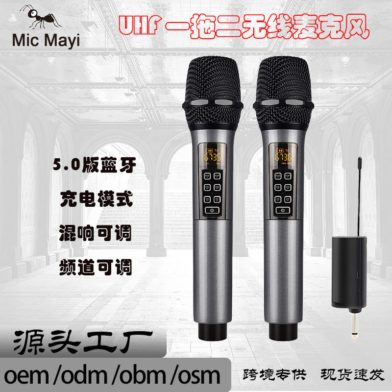 万能混响高低音话筒充电智能唱歌蓝牙专业麦克风跨境一拖二麦声卡