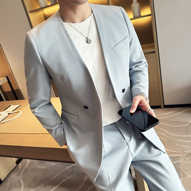 ジャケット・アウター Collarless Double Breasted Suit Jacket Linen lyocell double-breasted suit jacket - Men | MANGO OUTLET USA