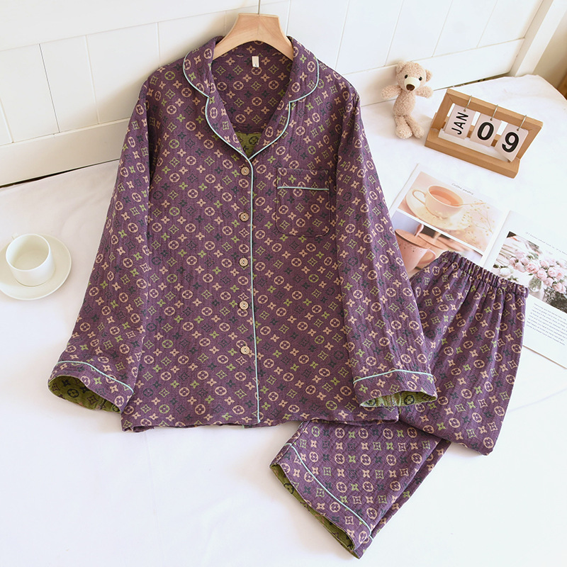 New Four Seasons Yarn-dyed Pure Cotton Double-layer Gauze Pajamas Women's Spring and Autumn Long Sleeve Trousers Can be Wearable for Home Clothes suit