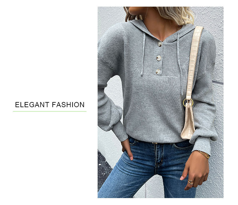Einfarbiger, langärmeliger Kapuzenpullover mit Knöpfen_voghion.com