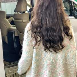 古着商店 "星落" 复古彩线羊毛针织开衫女春秋宽松软糯毛衣外套